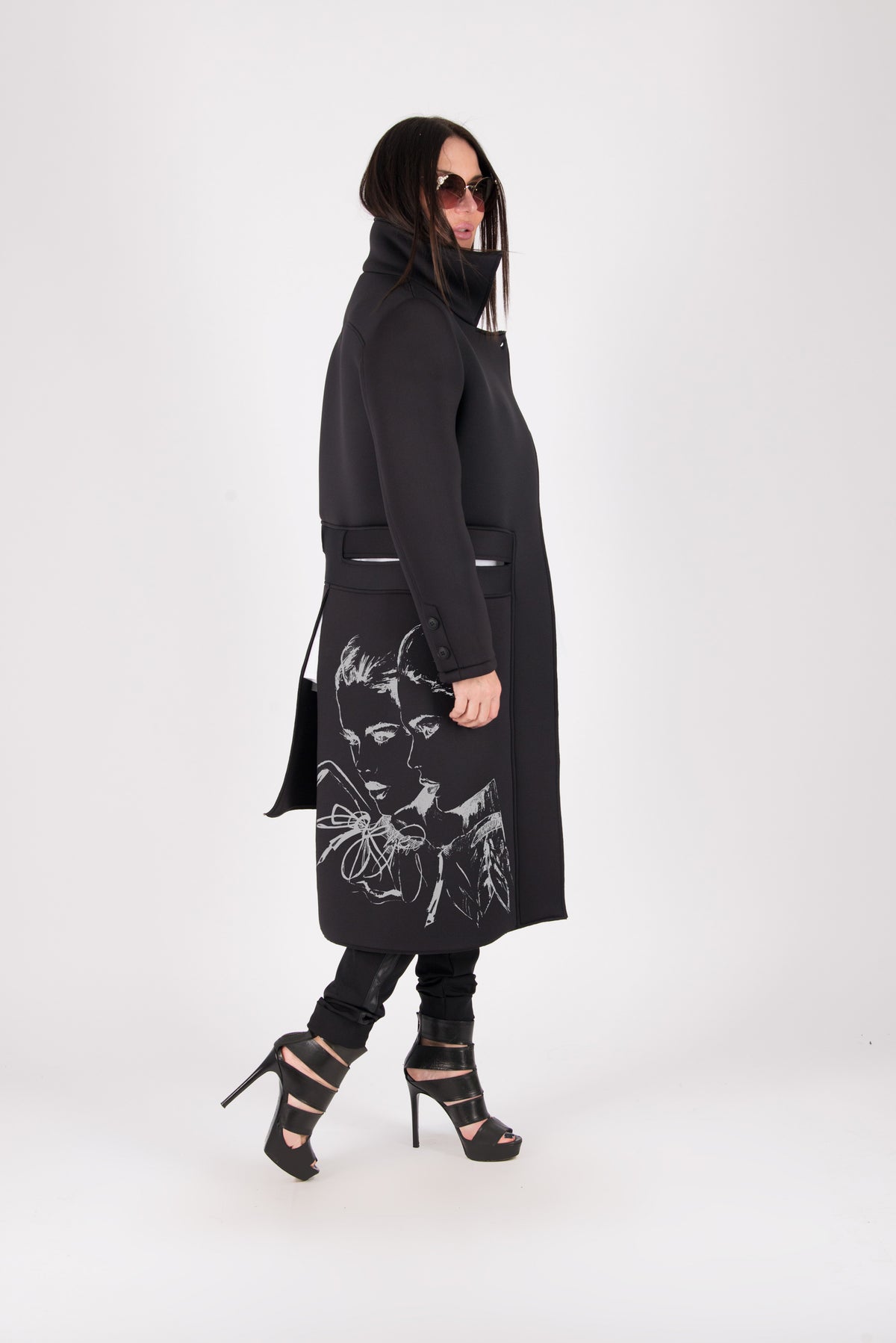 Black neoprene long asymmetric jacket Emma with print - EUG Fashion #black
