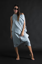 Light Grey French terry cotton set - asymmetric wrap top and elastic-waist harem pants, Piano | EUG Fashion #light-grey