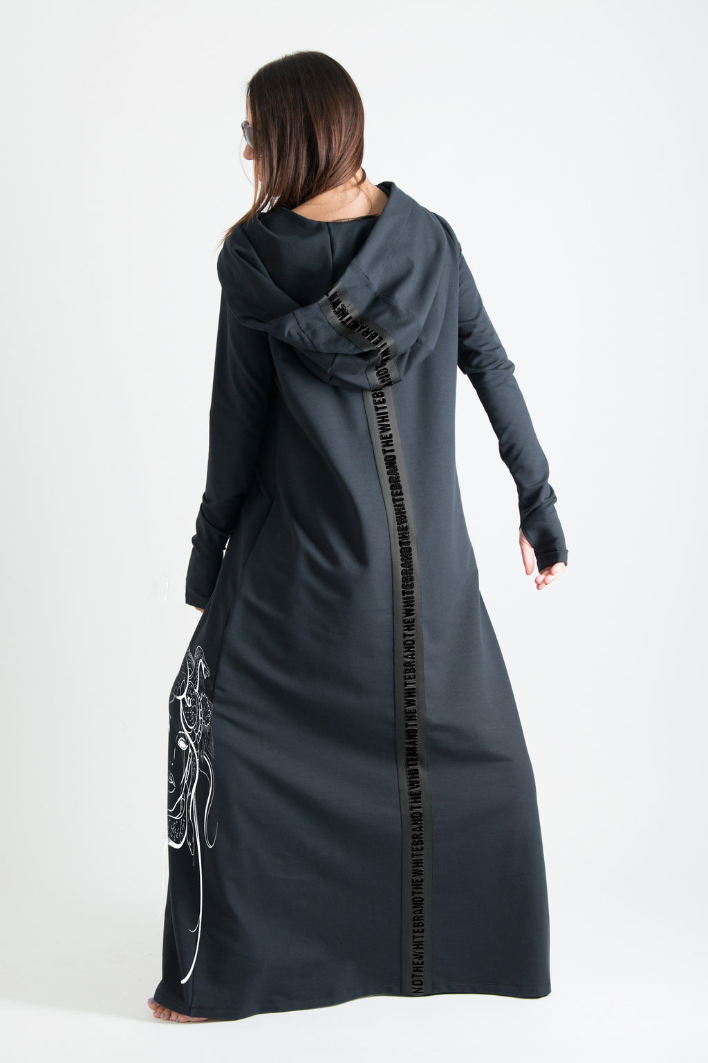 Black hooded octopus print maxi dress Tina with neoprene back band - EUG Fashion #black
