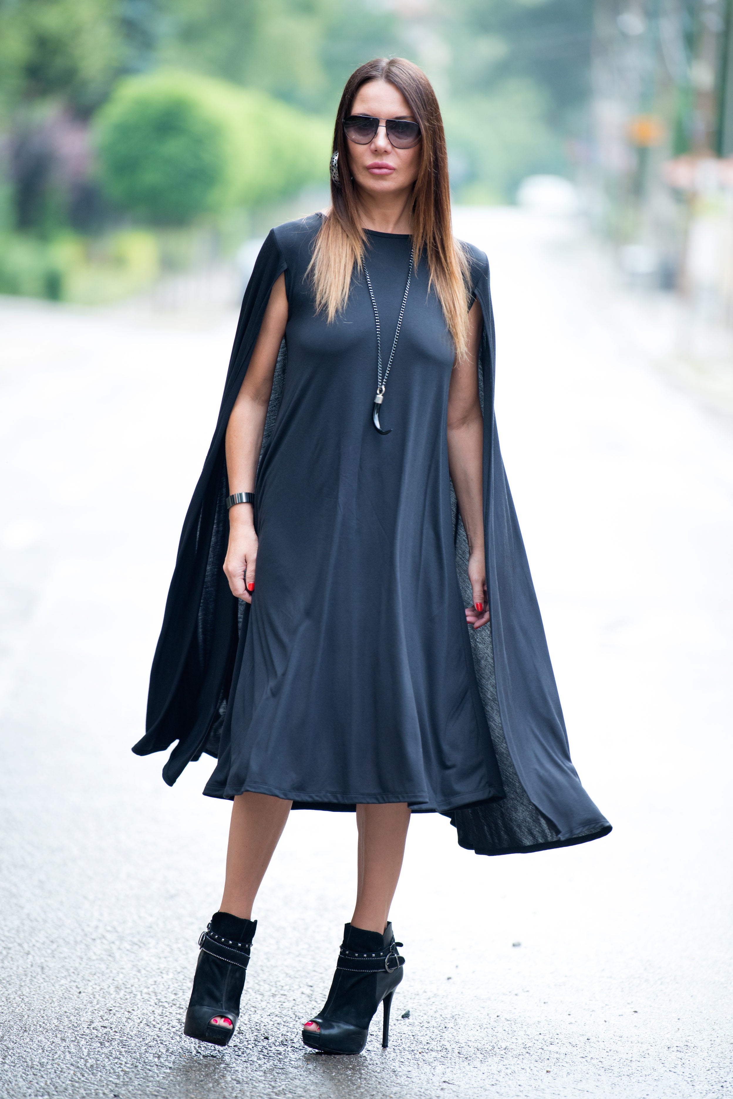 jersey black mid length dress - EUG fashion