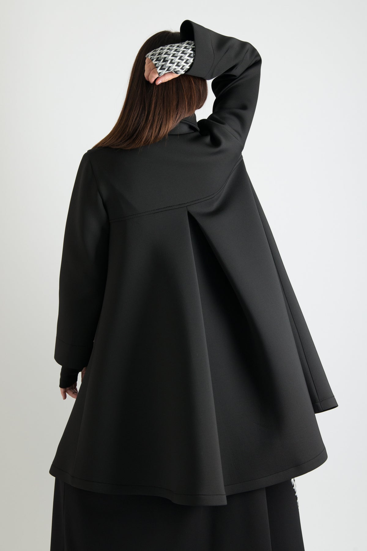 Black neoprene A-line blazer coat Kylie double-breasted - EUG Fashion #black
