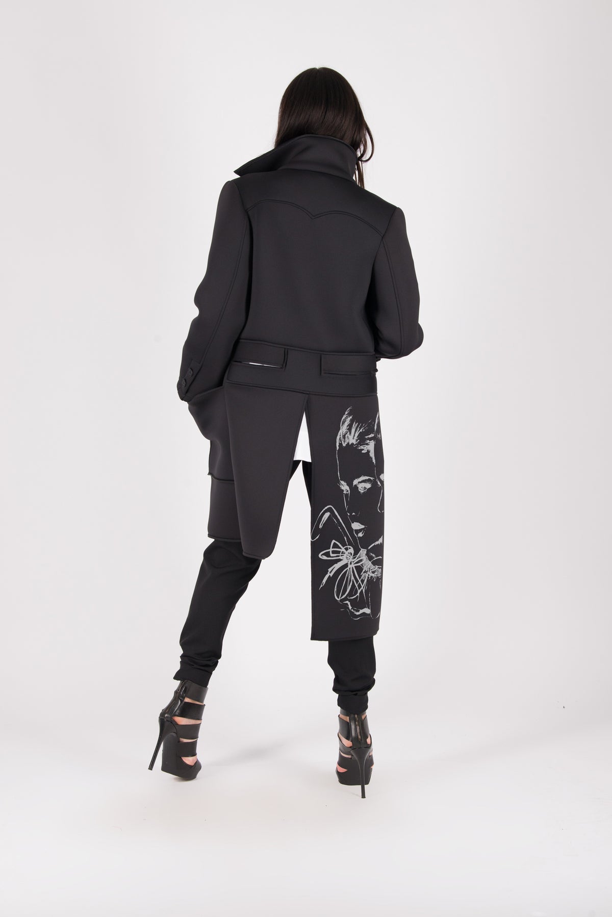 Black neoprene long asymmetric jacket Emma with print - EUG Fashion #black
