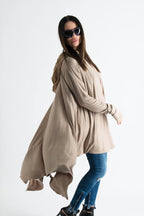 Beige viscose jersey tunic with chiffon hood and narrow long sleeves - wide asymmetric hem, Anie | EUG Fashion #beige
