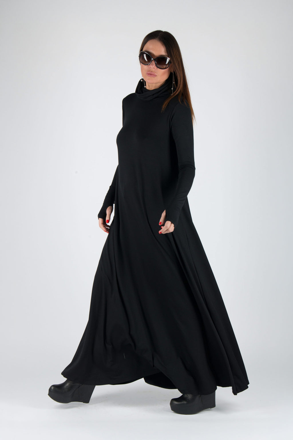 Black punto milano turtleneck maxi dress Vivian with thumb holes and pockets - EUG Fashion #black
