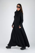 Black punto milano turtleneck maxi dress Vivian with thumb holes and pockets - EUG Fashion #black
