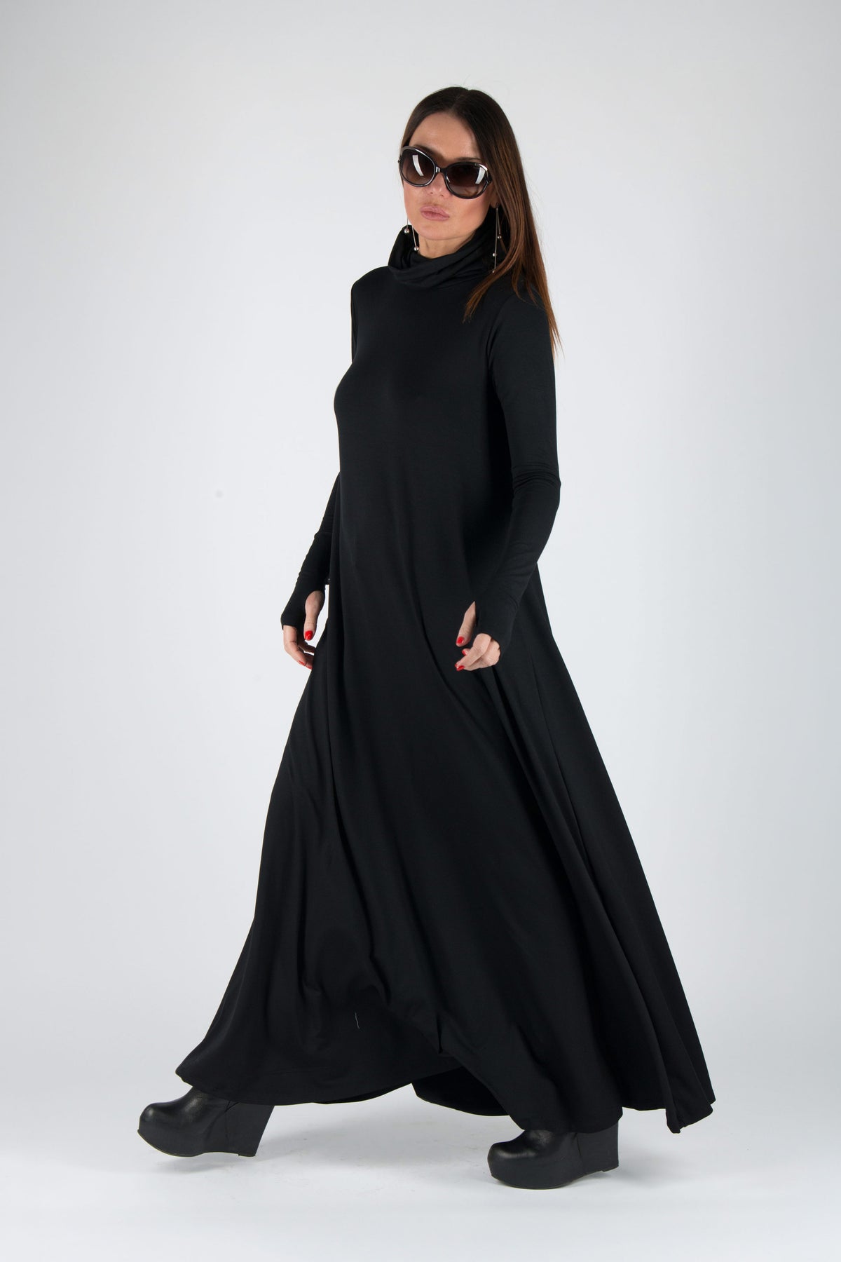 Black punto milano turtleneck maxi dress Vivian with thumb holes and pockets - EUG Fashion #black
