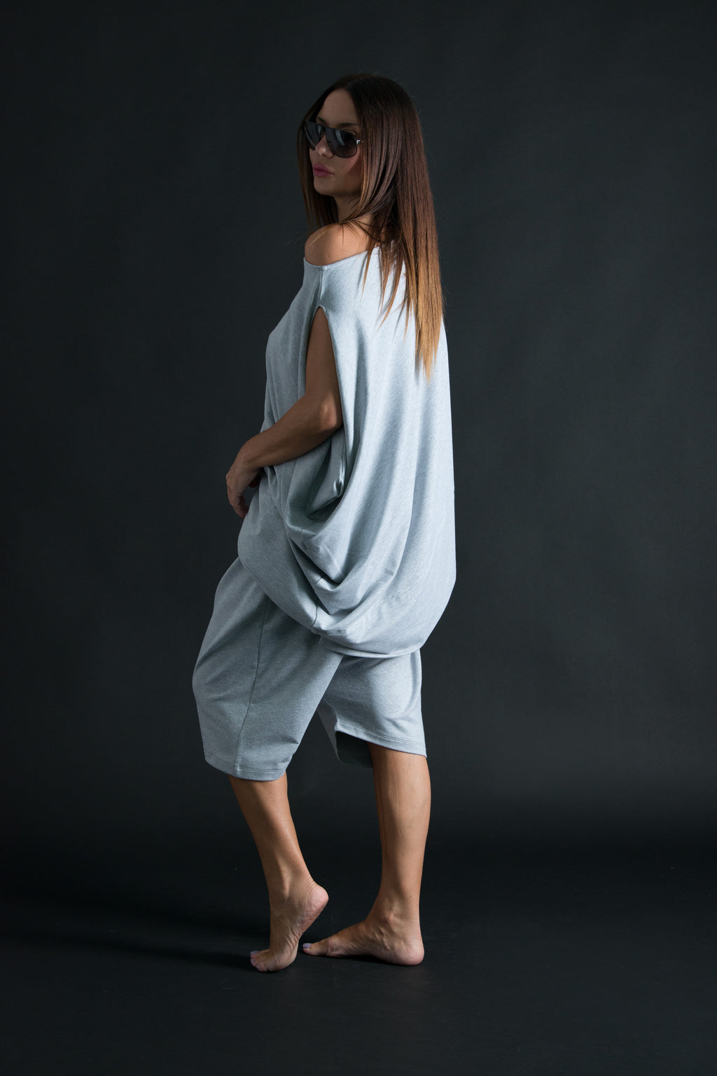 Light Grey French terry cotton set - asymmetric wrap top and elastic-waist harem pants, Piano | EUG Fashion #light-grey