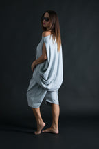 Light Grey French terry cotton set - asymmetric wrap top and elastic-waist harem pants, Piano | EUG Fashion #light-grey