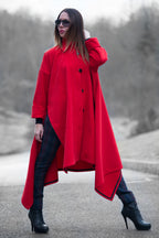 Red cashmere-feel cape coat with decorative side zippers and classic collar - asymmetric unlined design, Federica | EUG Fashion #red
