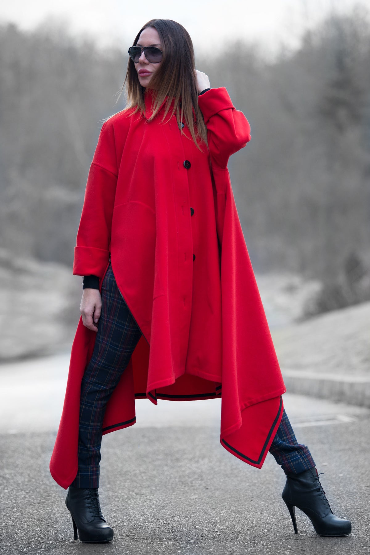 Red cashmere-feel cape coat with decorative side zippers and classic collar - asymmetric unlined design, Federica | EUG Fashion #red
