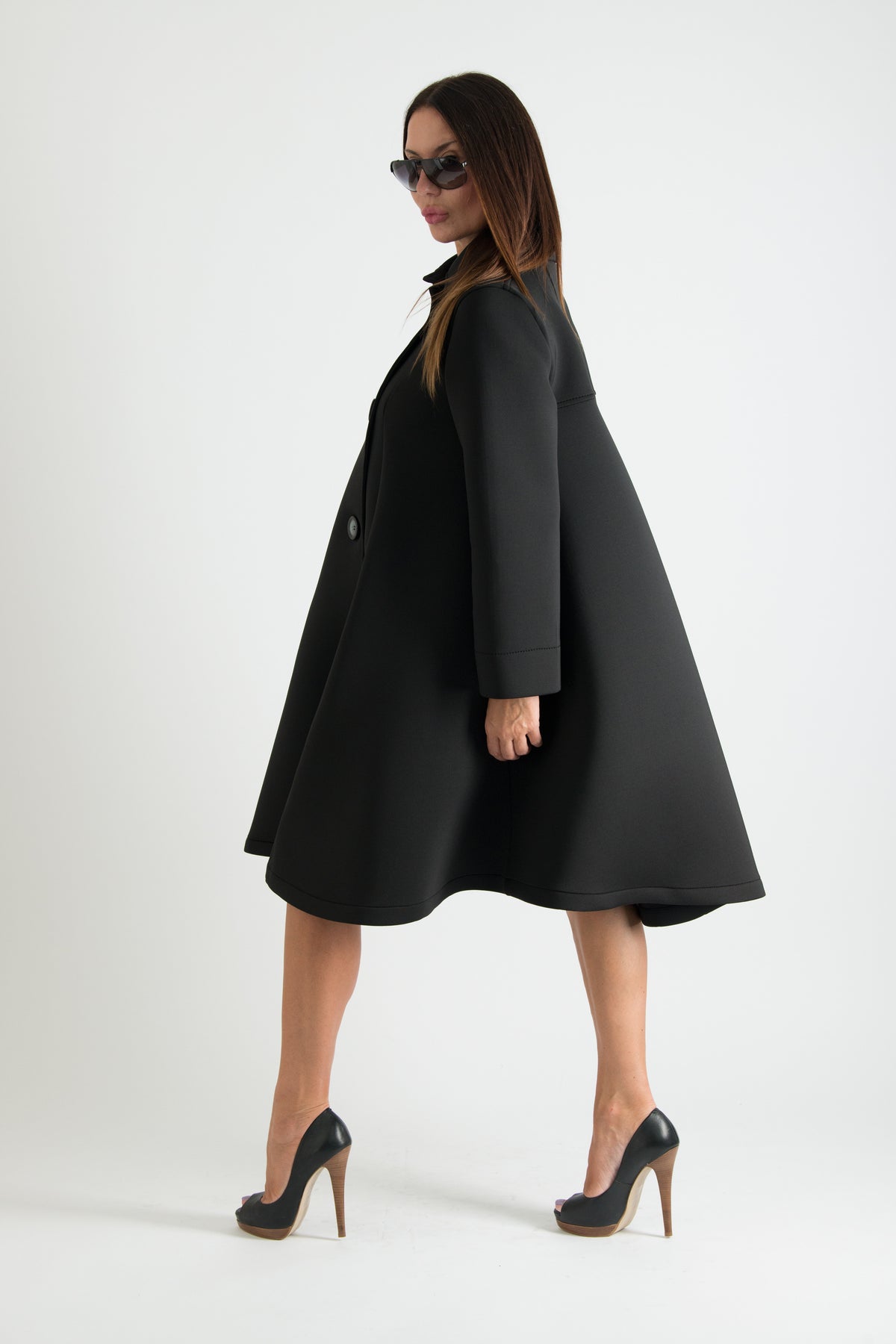 Black neoprene A-line blazer coat Kylie double-breasted - EUG Fashion #black
