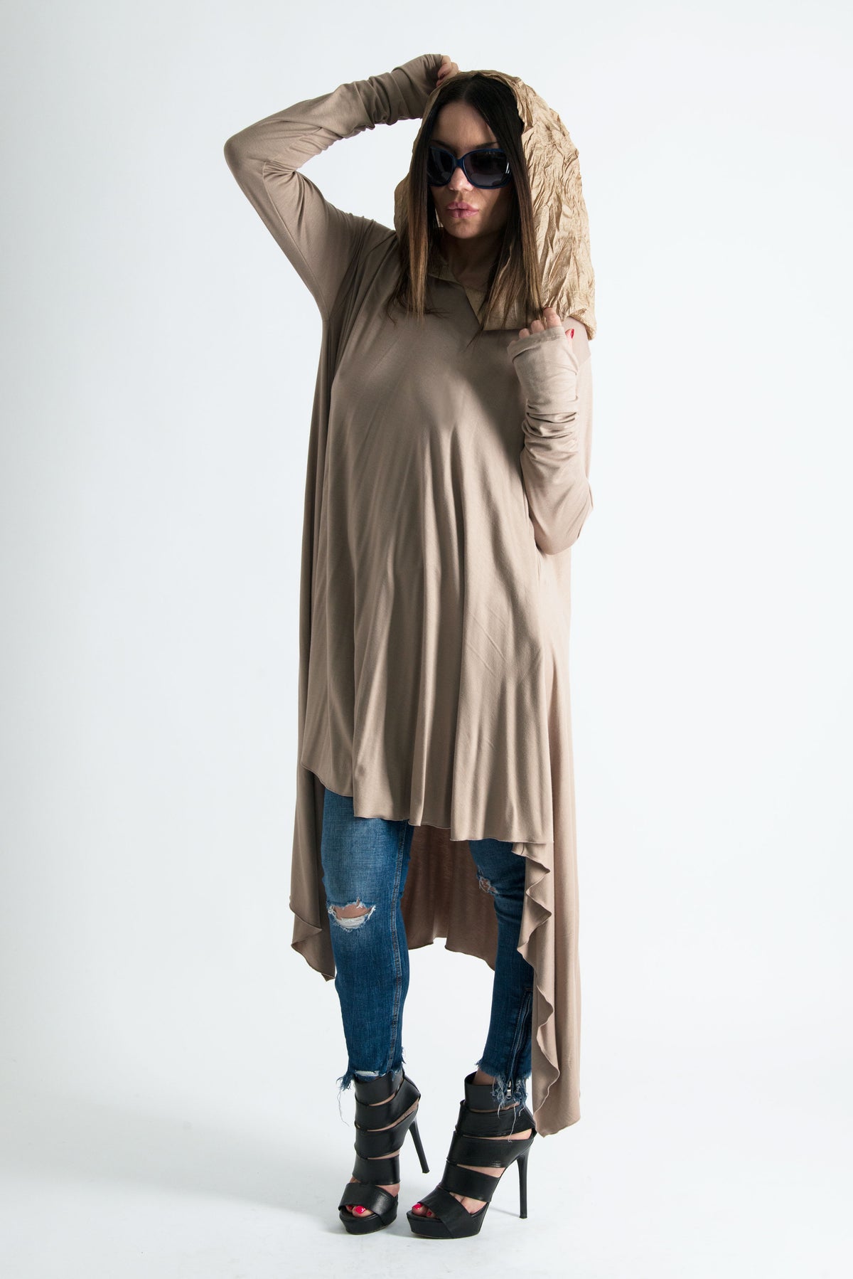 Beige viscose jersey tunic with chiffon hood and narrow long sleeves - wide asymmetric hem, Anie | EUG Fashion #beige
