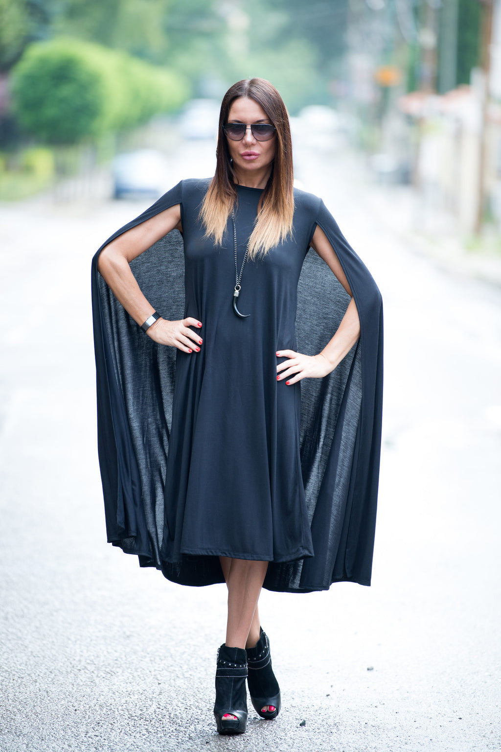 jersey black mid length dress - EUG fashion
