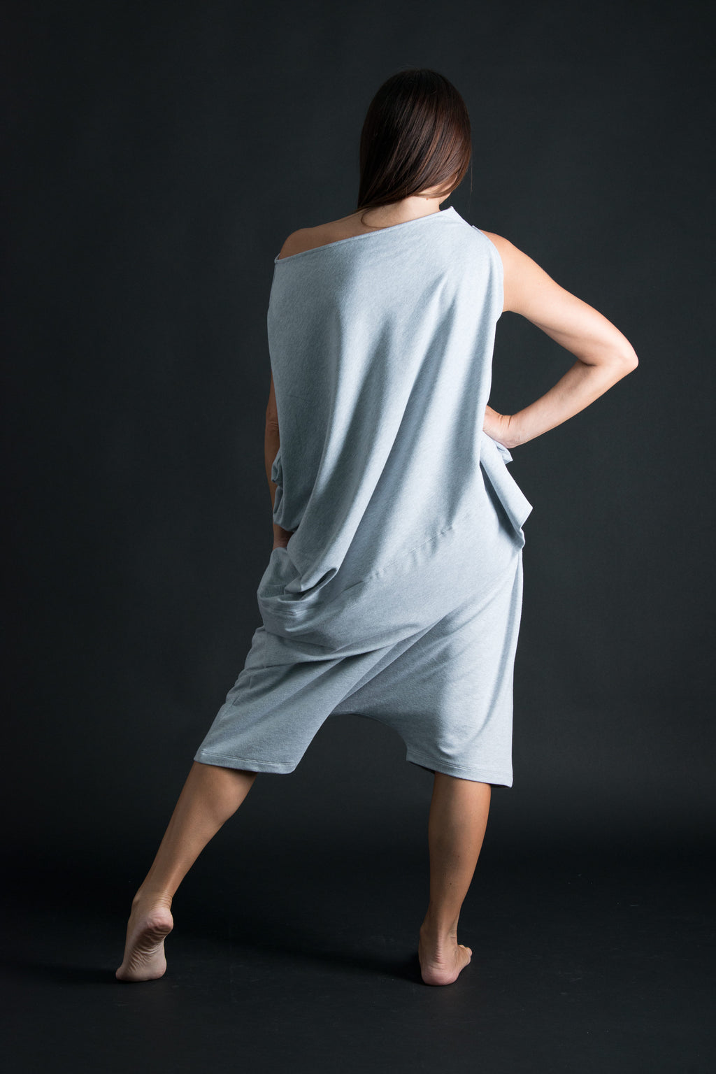 Light Grey French terry cotton set - asymmetric wrap top and elastic-waist harem pants, Piano | EUG Fashion #light-grey