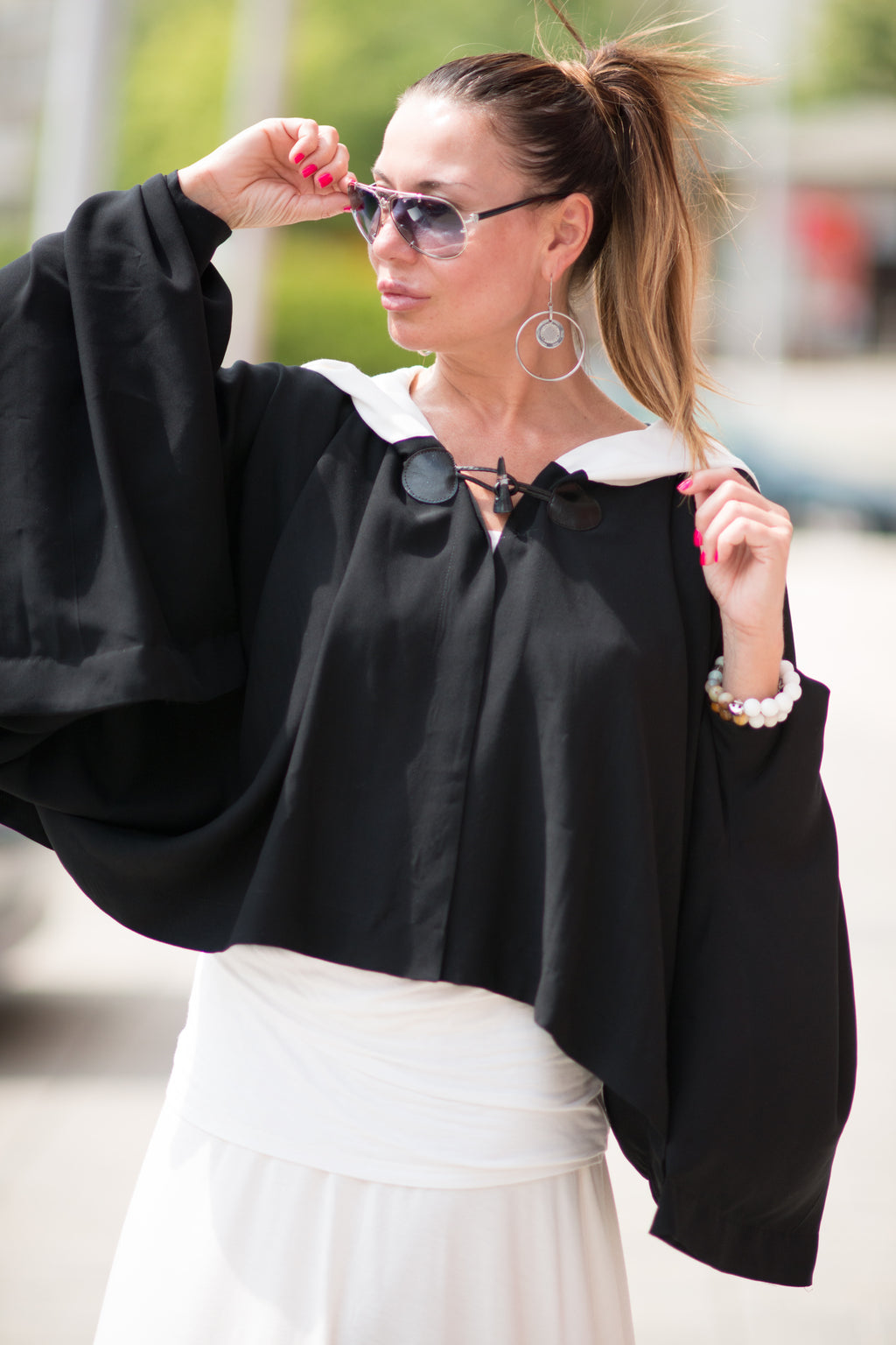 Black short cotton viscose poncho with white hood and very wide sleeves - lightweight cape, Anastasia | EUG Fashion #black
