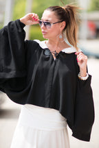 Black short cotton viscose poncho with white hood and very wide sleeves - lightweight cape, Anastasia | EUG Fashion #black
