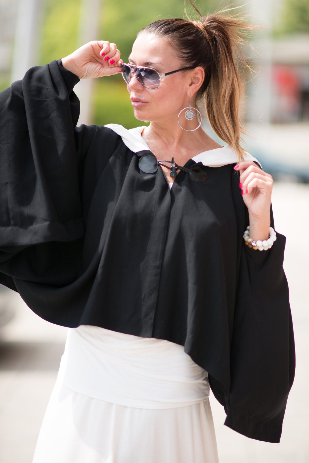 Black short cotton viscose poncho with white hood and very wide sleeves - lightweight cape, Anastasia | EUG Fashion #black
