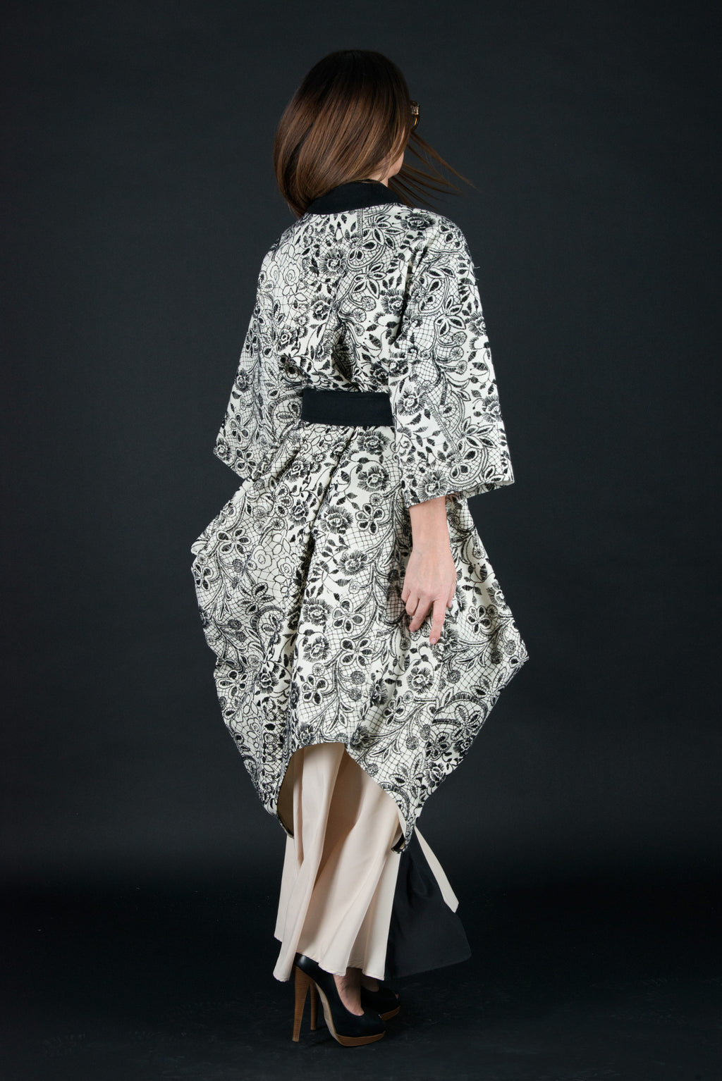 Off-white embroidered wool cape coat Cindy with black embroidery and belt - EUG Fashion #off-white
