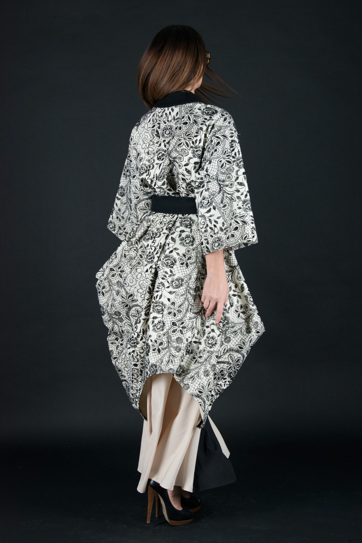 Off-white embroidered wool cape coat Cindy with black embroidery and belt - EUG Fashion #off-white
