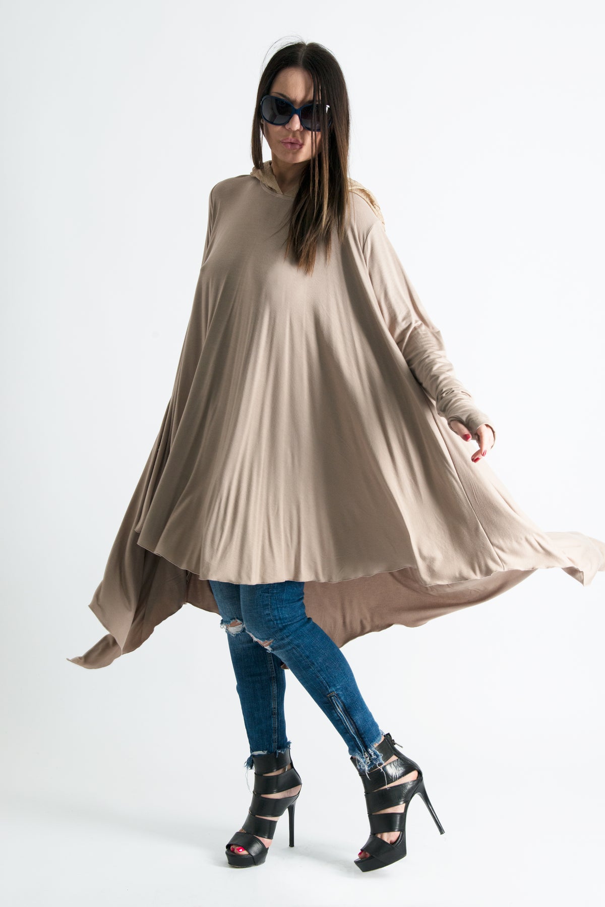 Beige viscose jersey tunic with chiffon hood and narrow long sleeves - wide asymmetric hem, Anie | EUG Fashion #beige
