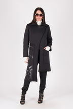 Black neoprene long asymmetric jacket Emma with print - EUG Fashion #black
