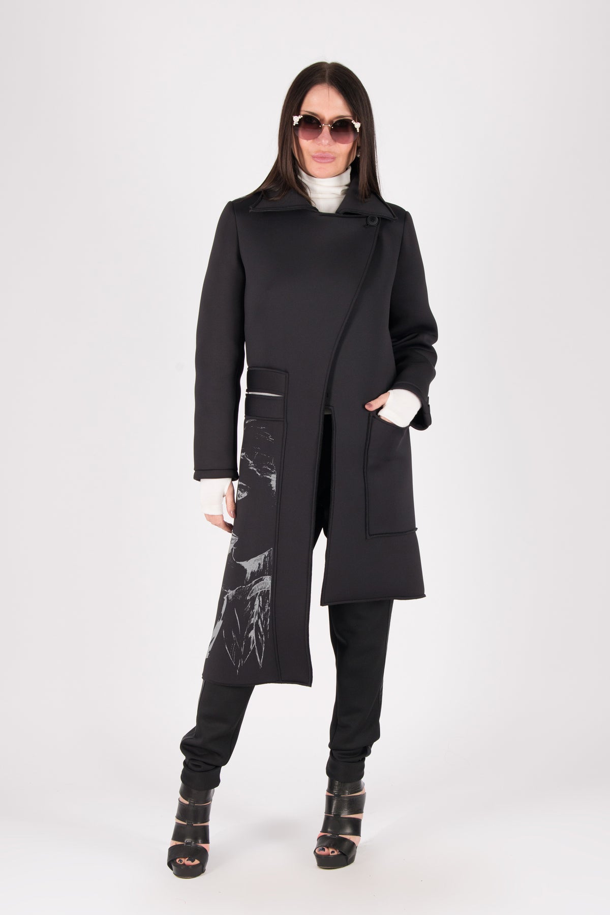 Black neoprene long asymmetric jacket Emma with print - EUG Fashion #black
