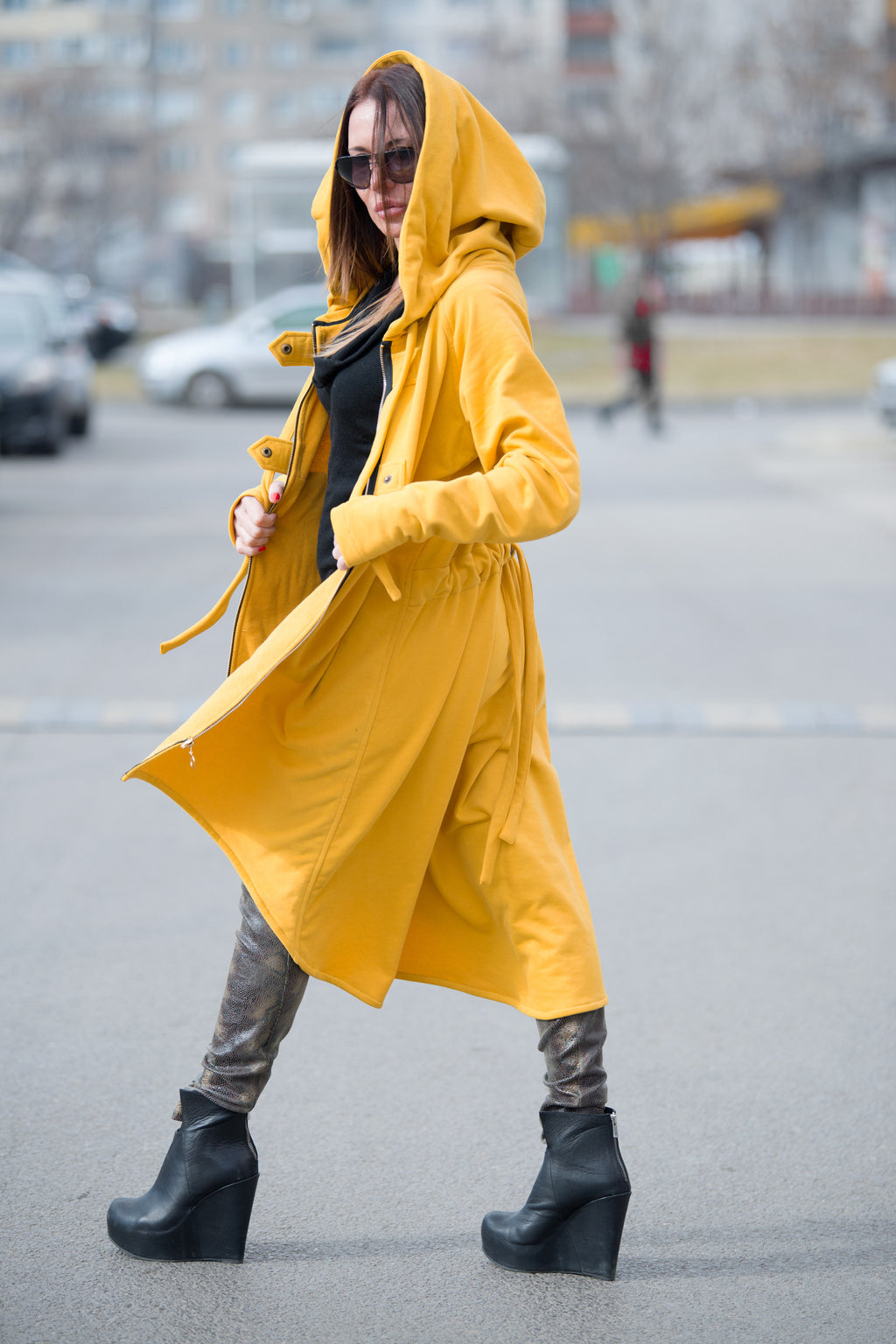 Mustard cotton terry zip-up hoodie - asymmetric cut, waist drawstring and two fastening tabs, Brandy | EUG Fashion #mustard