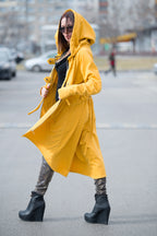 Mustard cotton terry zip-up hoodie - asymmetric cut, waist drawstring and two fastening tabs, Brandy | EUG Fashion #mustard
