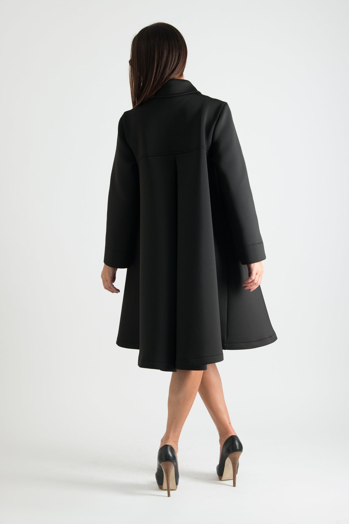 Black neoprene A-line blazer coat Kylie double-breasted - EUG Fashion #black
