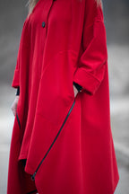 Red cashmere-feel cape coat with decorative side zippers and classic collar - asymmetric unlined design, Federica | EUG Fashion #red
