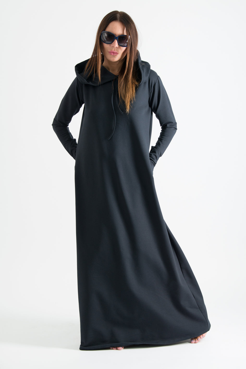 Black hooded maxi dress Tina cotton terry with neoprene back band - EUG Fashion #black
