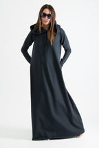 Black hooded maxi dress Tina cotton terry with neoprene back band - EUG Fashion #black
