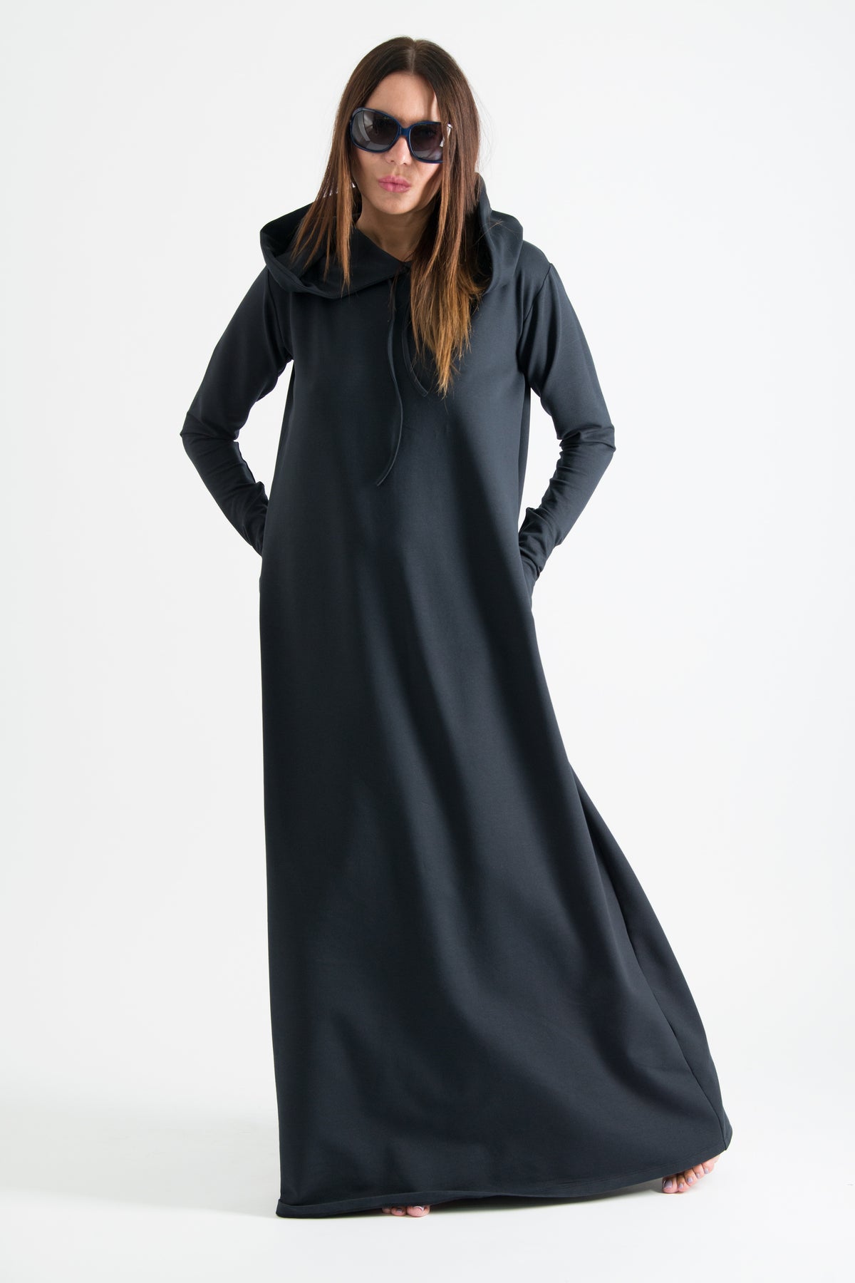 Black hooded maxi dress Tina cotton terry with neoprene back band - EUG Fashion #black
