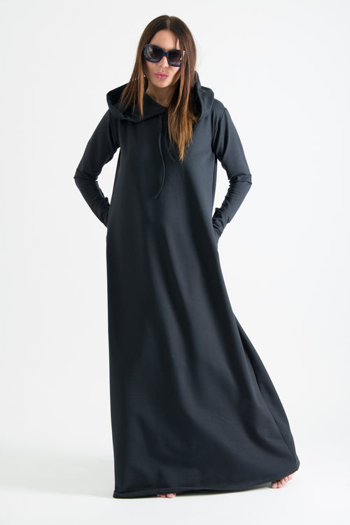 Black hooded maxi dress Tina cotton terry with neoprene back band - EUG Fashion #black
