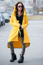 Mustard cotton terry zip-up hoodie - asymmetric cut, waist drawstring and two fastening tabs, Brandy | EUG Fashion #mustard