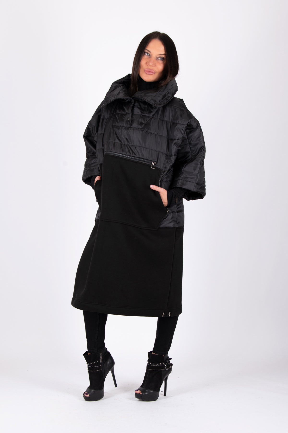 Black quilted poncho with wide sleeves and high collar - warm cotton wadding, worn over clothes, Mari | EUG Fashion #black
