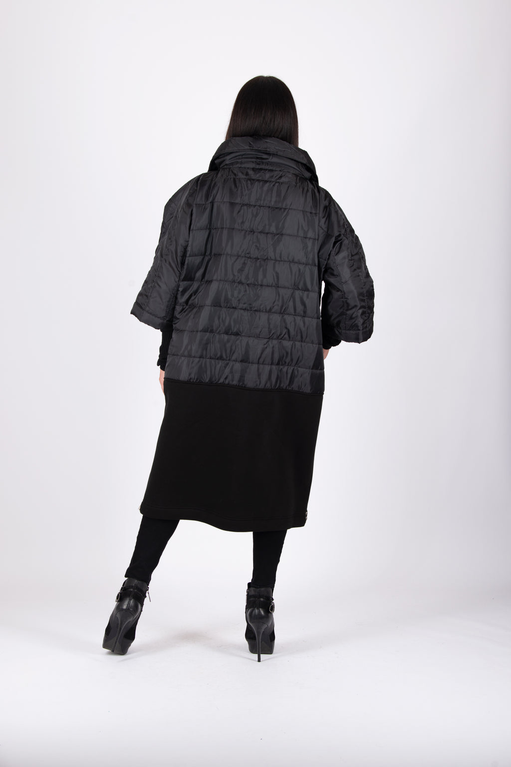 Black quilted poncho with wide sleeves and high collar - warm cotton wadding, worn over clothes, Mari | EUG Fashion #black
