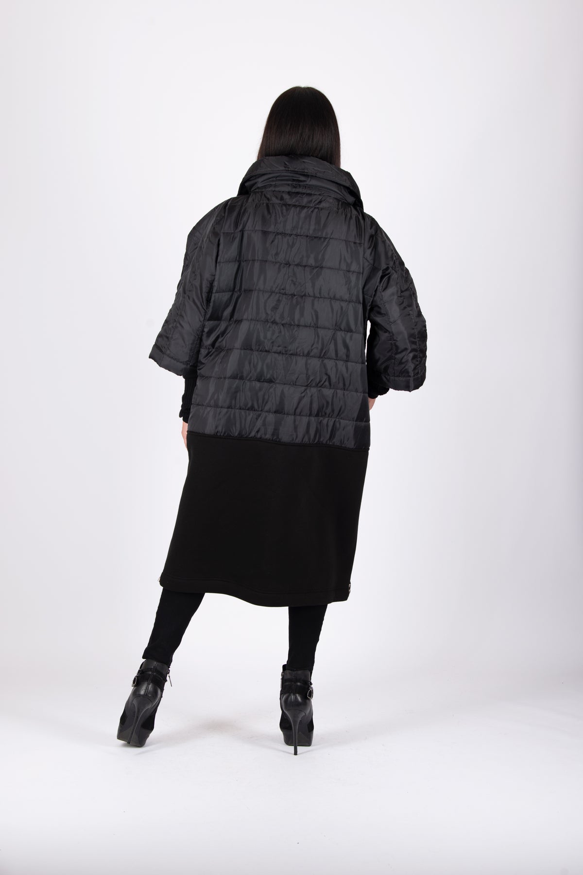 Black quilted poncho with wide sleeves and high collar - warm cotton wadding, worn over clothes, Mari | EUG Fashion #black
