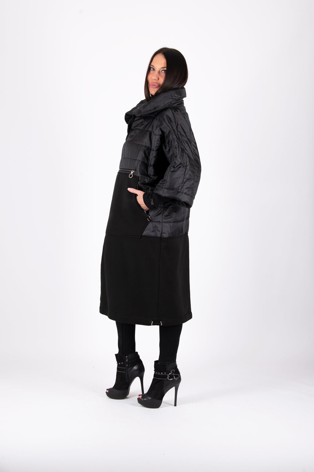 Black quilted poncho with wide sleeves and high collar - warm cotton wadding, worn over clothes, Mari | EUG Fashion #black
