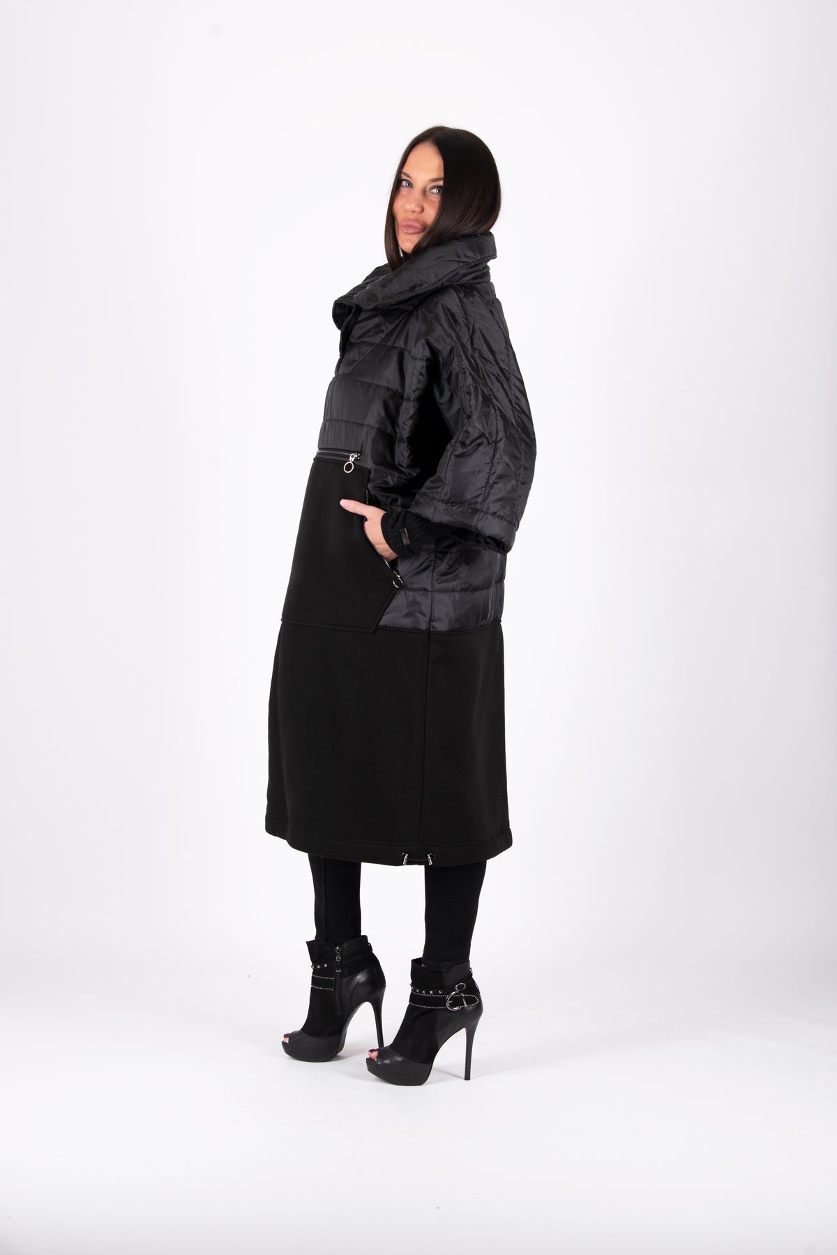 Black quilted poncho with wide sleeves and high collar - warm cotton wadding, worn over clothes, Mari | EUG Fashion #black

