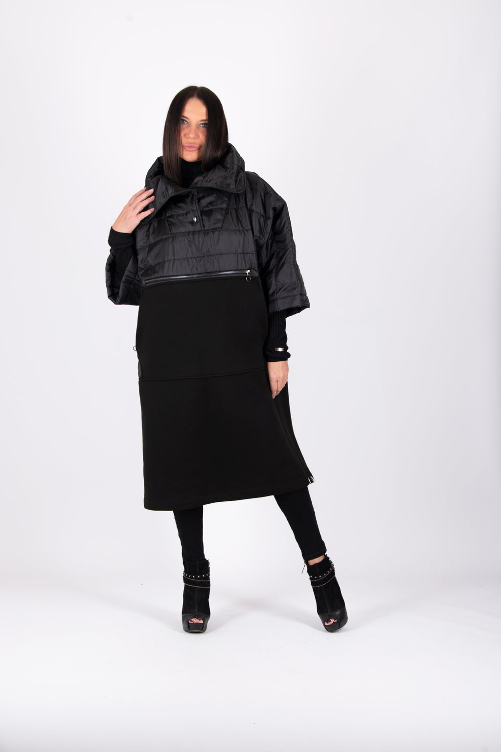 Black quilted poncho with wide sleeves and high collar - warm cotton wadding, worn over clothes, Mari | EUG Fashion #black

