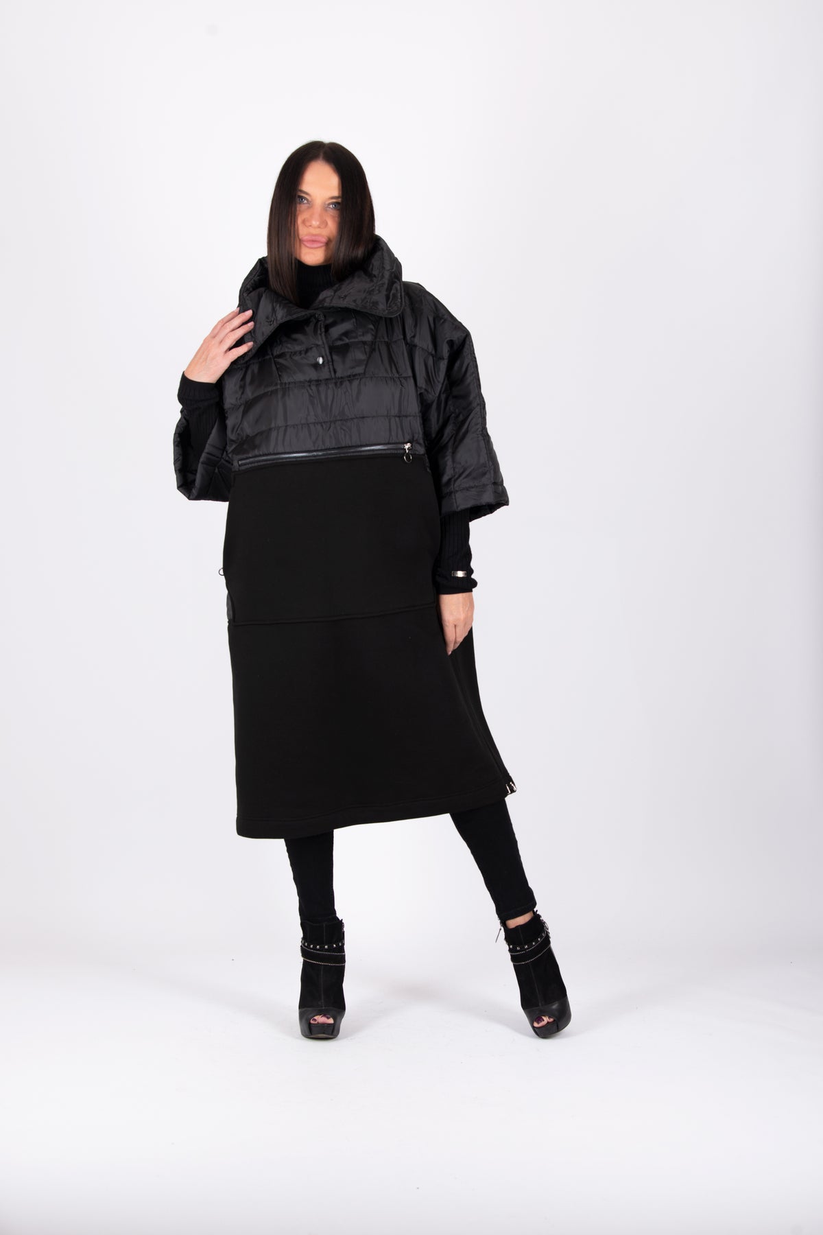 Black quilted poncho with wide sleeves and high collar - warm cotton wadding, worn over clothes, Mari | EUG Fashion #black
