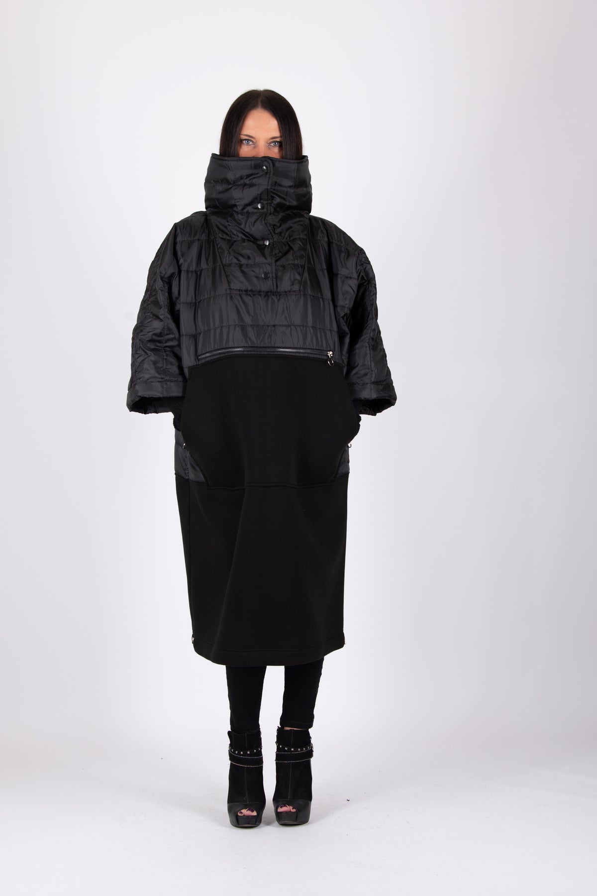 Black quilted poncho with wide sleeves and high collar - warm cotton wadding, worn over clothes, Mari | EUG Fashion #black

