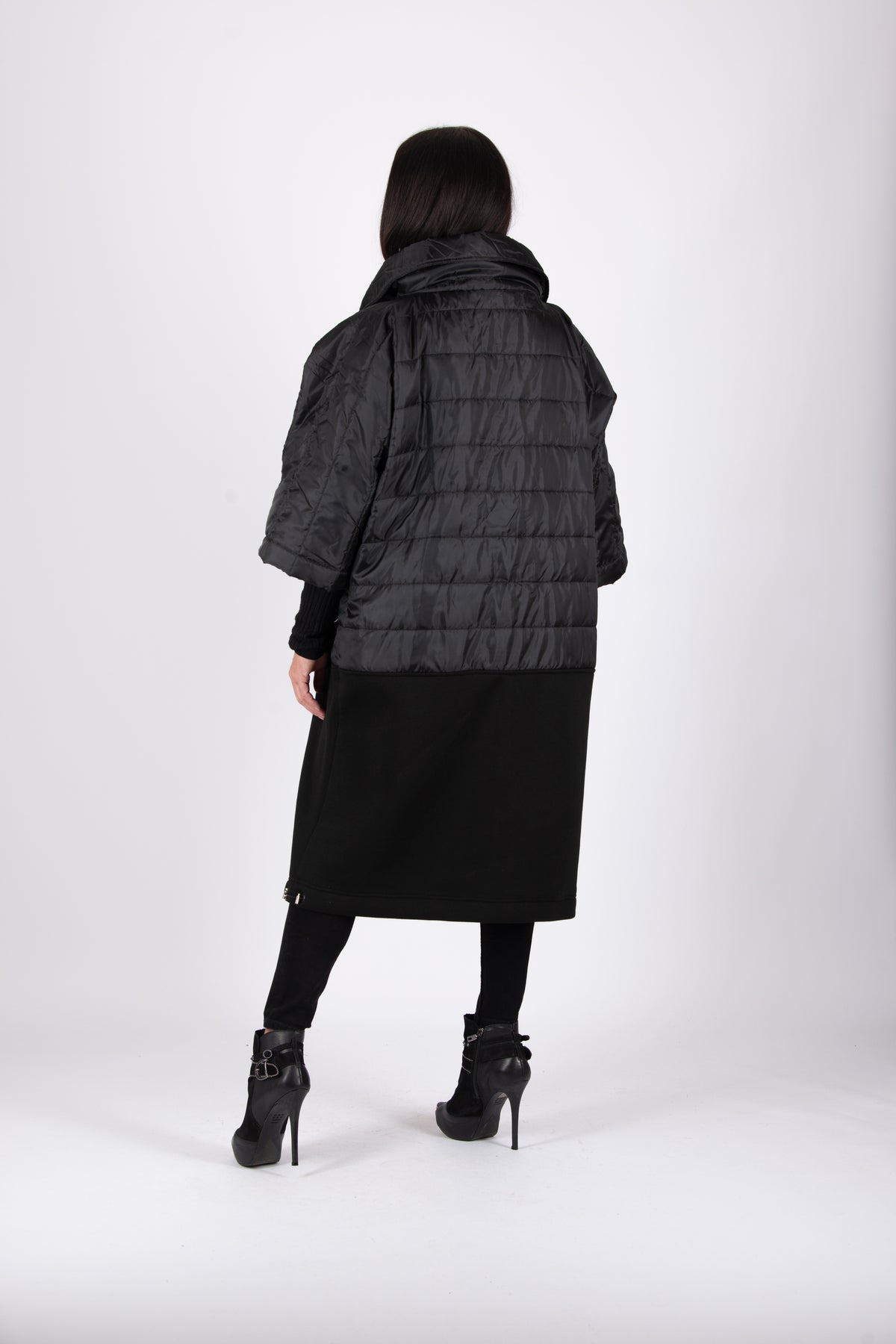 Black quilted poncho with wide sleeves and high collar - warm cotton wadding, worn over clothes, Mari | EUG Fashion #black
