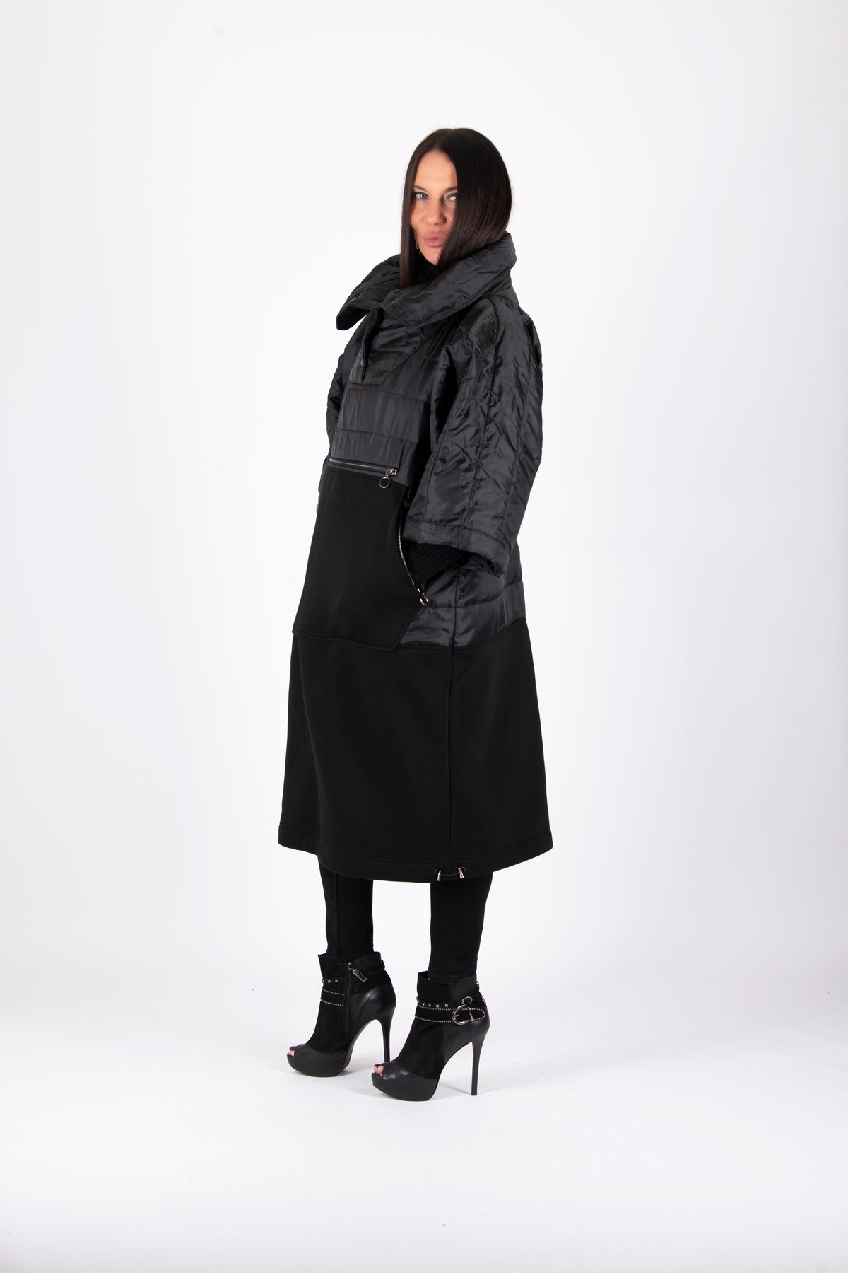 Black quilted poncho with wide sleeves and high collar - warm cotton wadding, worn over clothes, Mari | EUG Fashion #black
