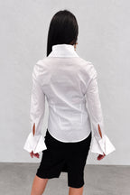 White cotton shirt - oversized collar, extra-large designer cuffs, fitted silhouette, Belinda | EUG Fashion #white

