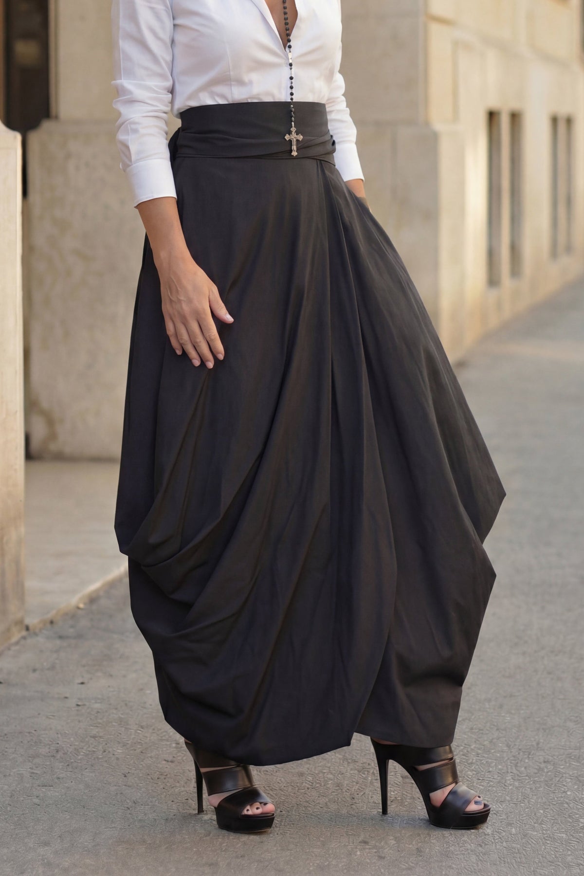 Black balloon cotton skirt Fantasy with high waist and decorative tie - EUG Fashion #black
