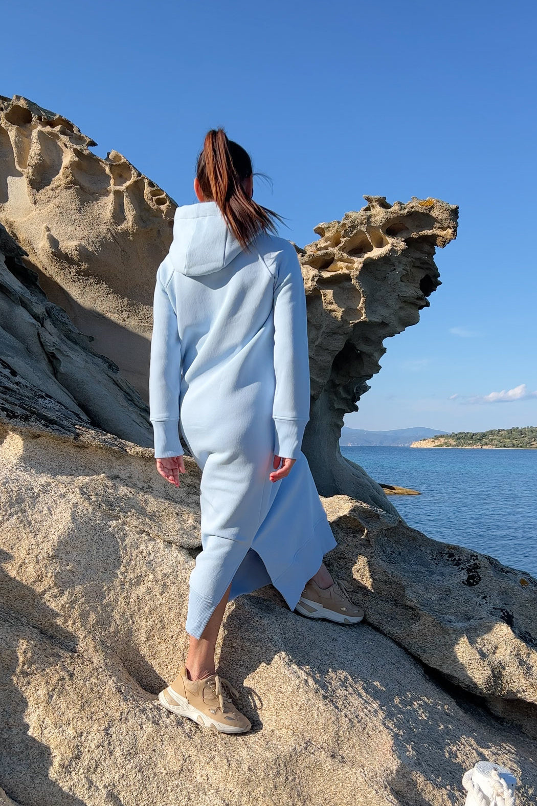 Light Blue cotton fleece hooded dress - loose long silhouette, kangaroo pocket and two side slits, Suzana | EUG Fashion #light-blue