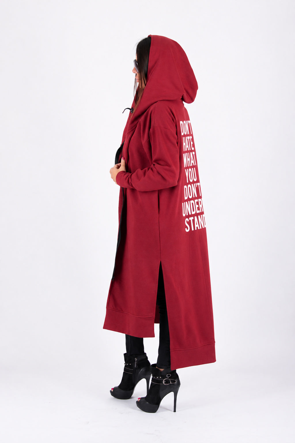 Dark Red long zip-up hooded top - mid-calf length, back print and side pockets, Trani | EUG Fashion #dark-red
