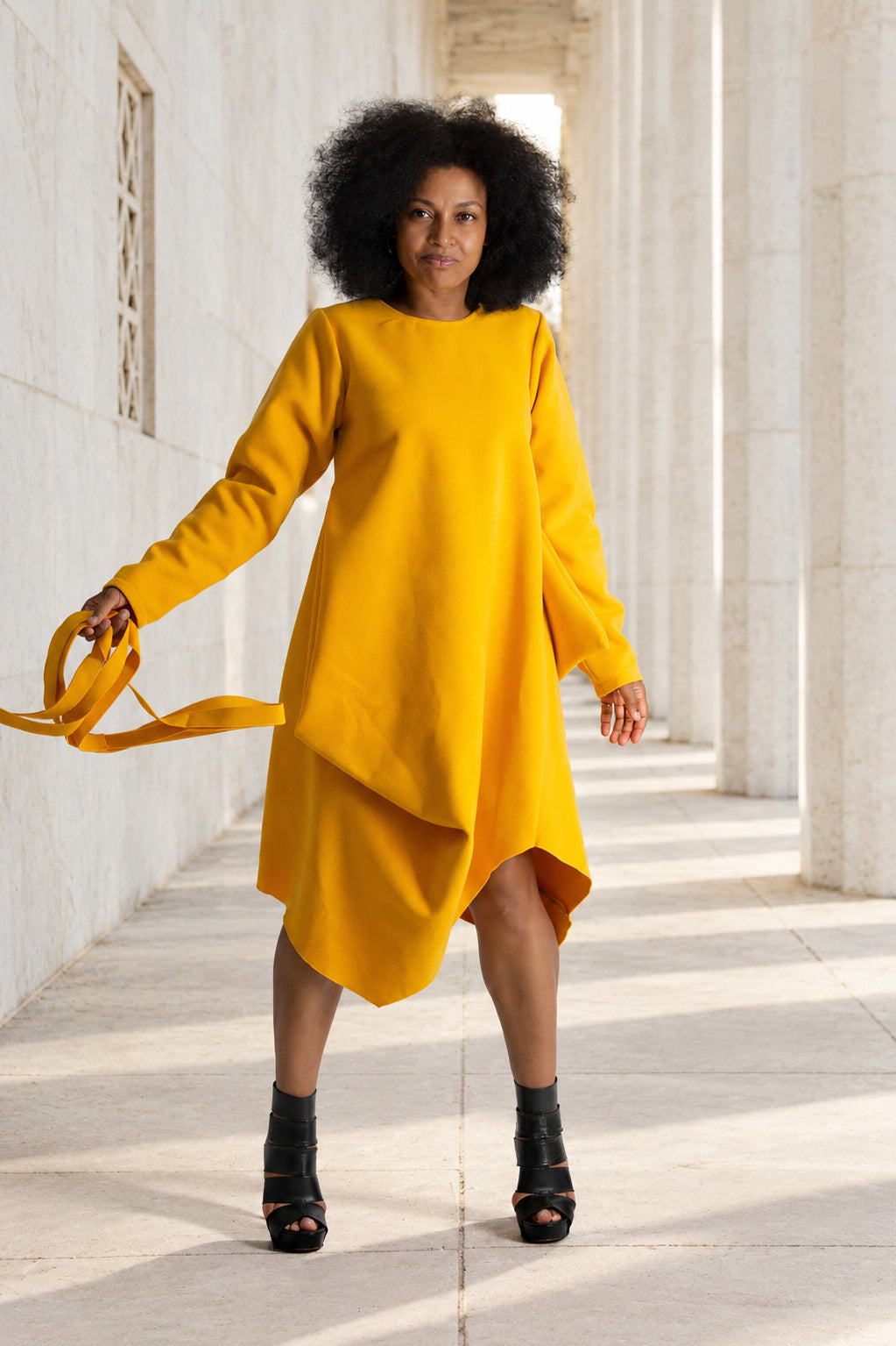 Mustard asymmetric poncho dress Holly with belt and back zip - EUG Fashion #mustard
